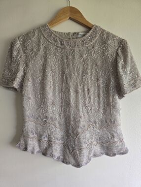 Adrianna Papell Occasions, Silk Short Sleeve Beaded Top, Nude, Size 6P